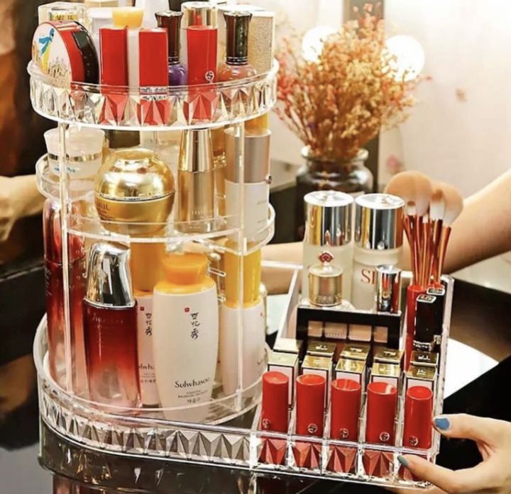 360° Rotating Makeup Organizer with Lipstick Tray