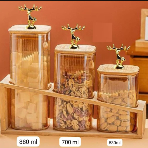 3PCS Glass Canister Set with Wooden Stand – Airtight Storage Jars