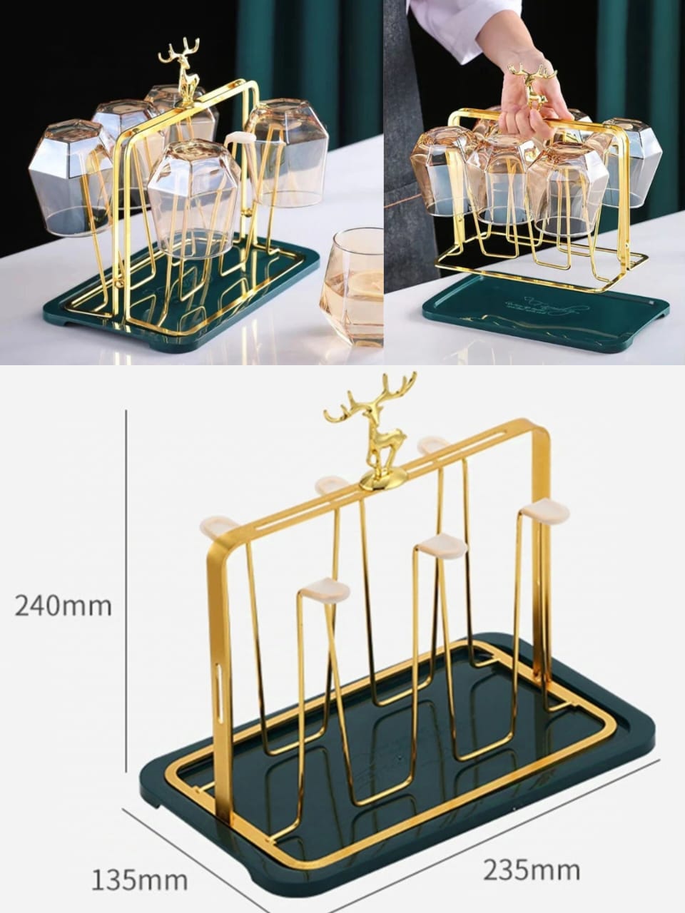 Golden Metal Glass Drying Rack with Drain Tray