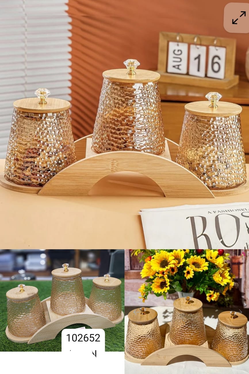 3Pcs Glass Jar Set with Wooden Stand – Fancy Storage