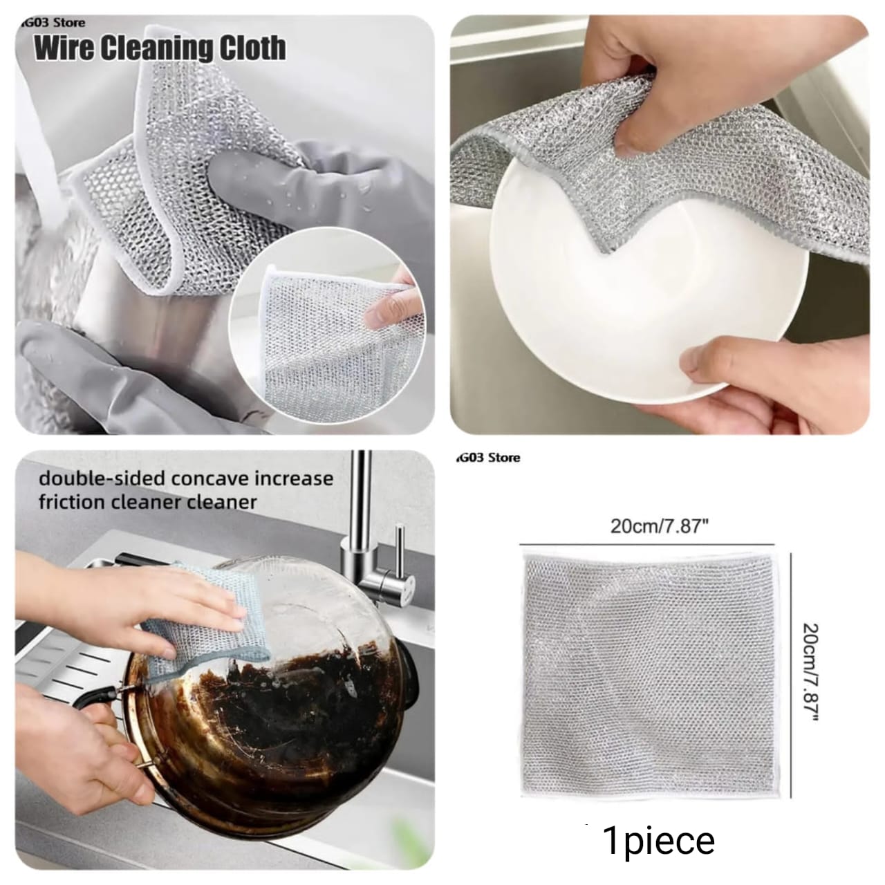 Wire cleaning cloth being used to clean various kitchen items with close-up details.