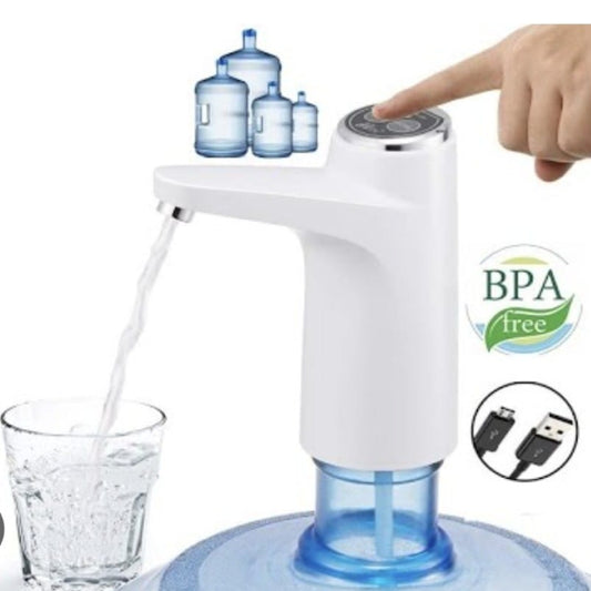 Hand filling a glass with water from a white electric water dispenser, with BPA-free and USB icons displayed.