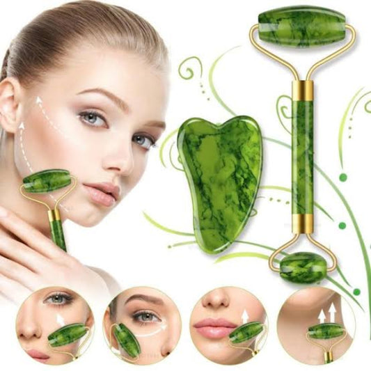 Green facial roller and gua sha tool with close-up shots of a woman using them on her face.