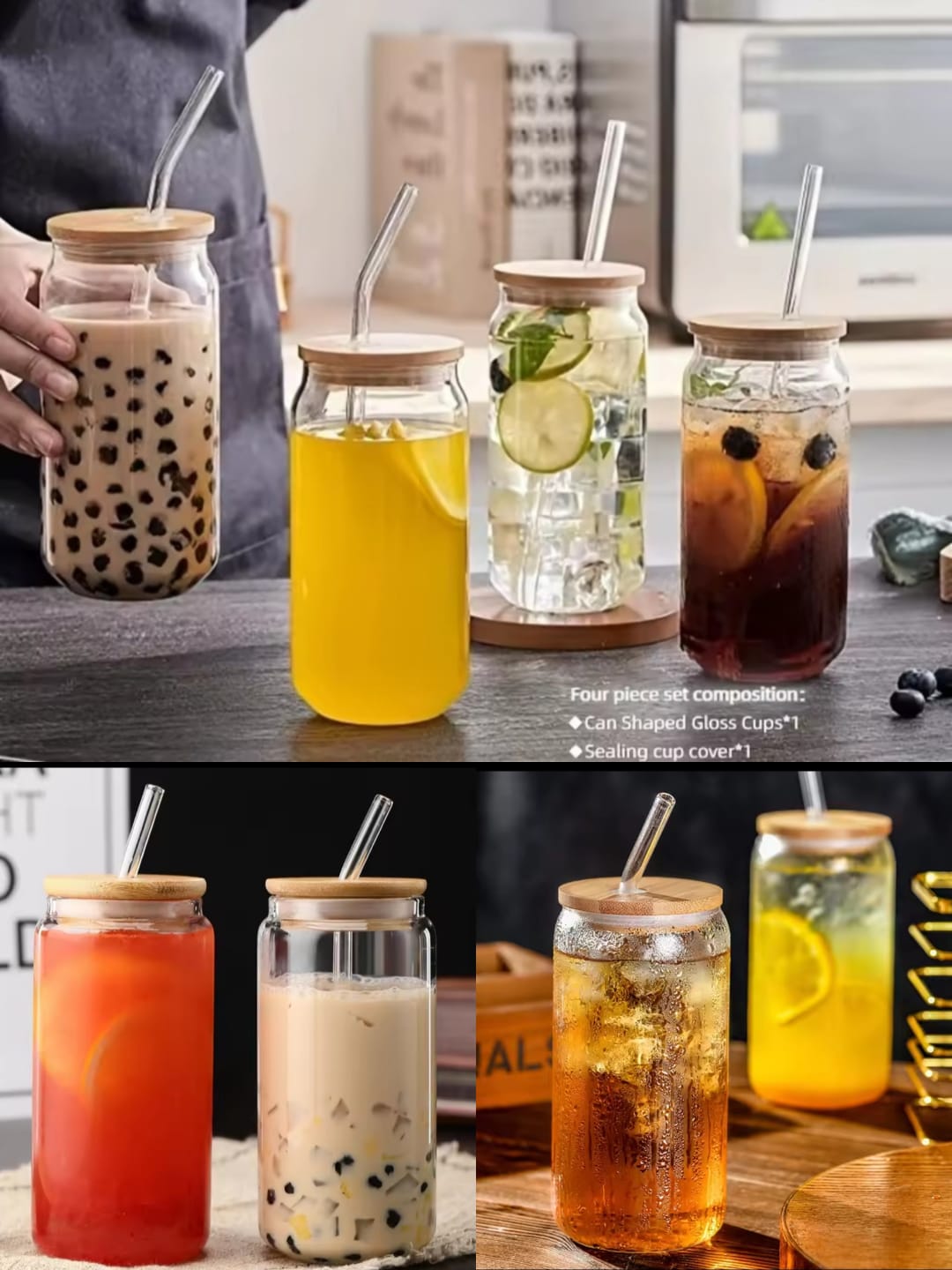 500ml Glass Jar with Straw and Wooden Lid