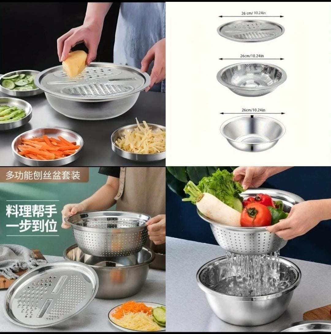 Stainless Steel Vegetable Grater Bowl – Kitchen Drain Basket & Slicer