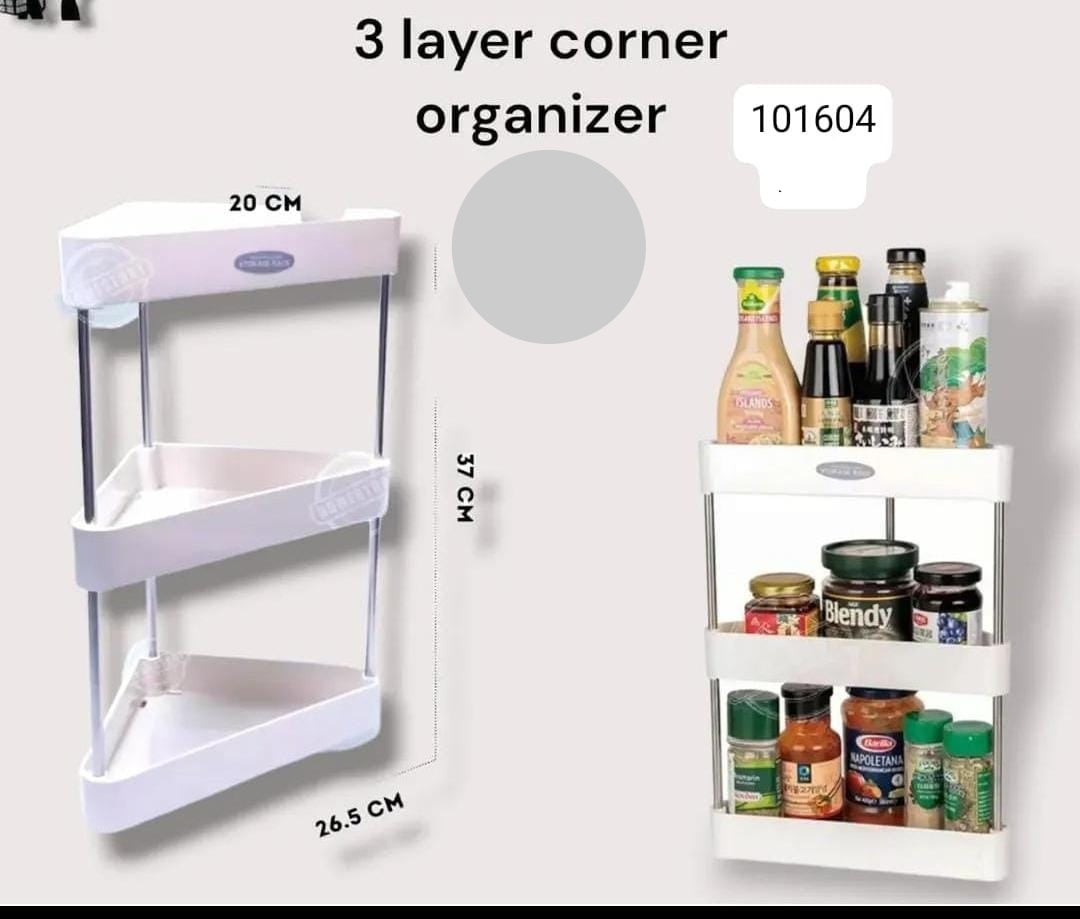 Three-layer corner organizer with spices and a price tag on a white background