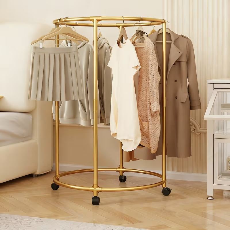 360° Rotating Round Clothes Rack with Wheels | Stainless Steel Freestanding Circular Garment Organizer