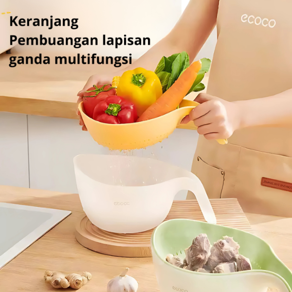 Person holding a yellow multi-functional fruit and vegetable basket with text and 'ecoco' branding.