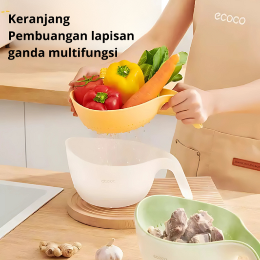 Person holding a yellow multi-functional fruit and vegetable basket with text and 'ecoco' branding.