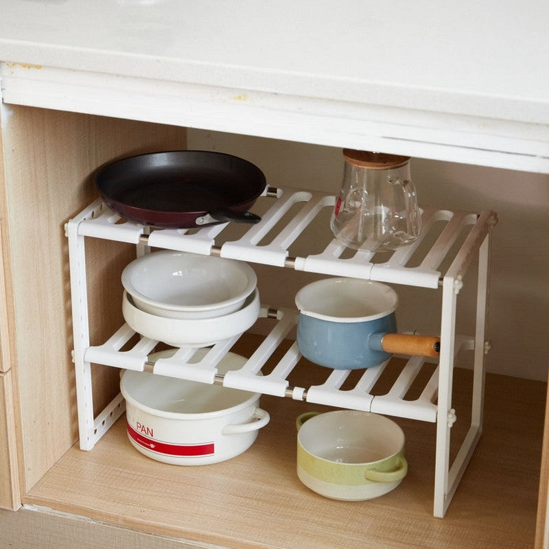 2-Tier Under Sink Adjustable Storage Rack | Stainless Steel & PP Plastic Expandable Kitchen Organizer