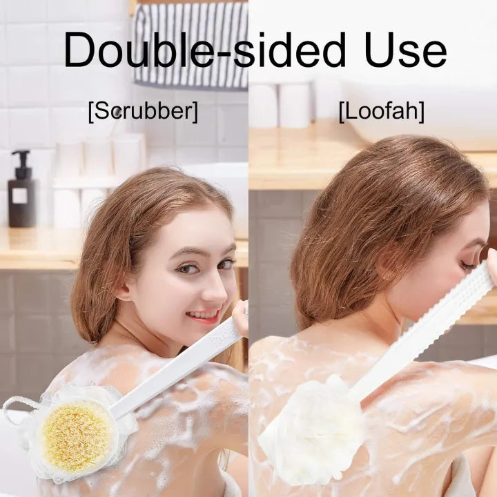 2-in-1 Long Handle Bath Brush & Loofah Scrubber