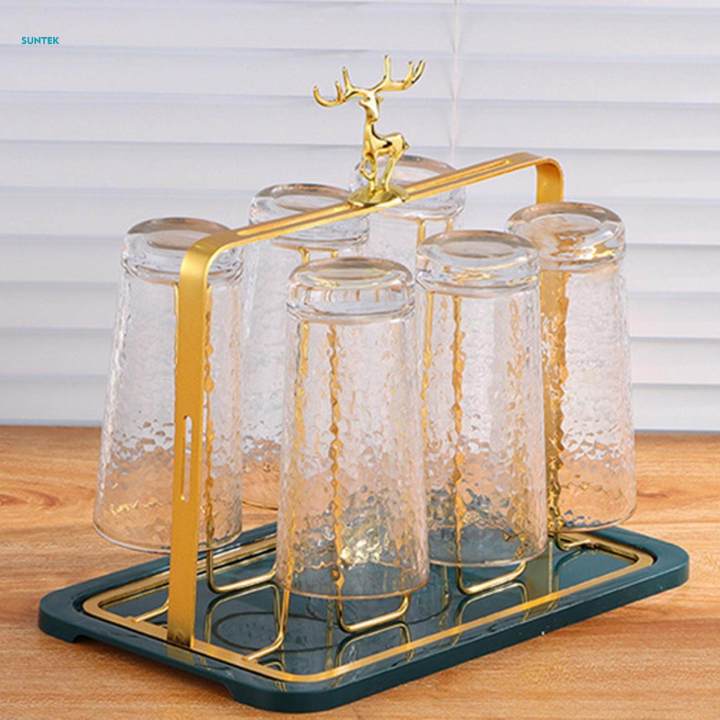 Golden Metal Glass Drying Rack with Drain Tray