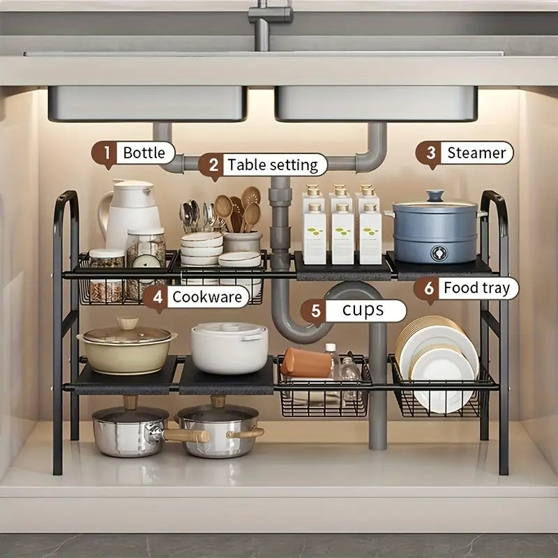 Expandable Under-Sink Organizer Rack with Adjustable Shelves & Baskets