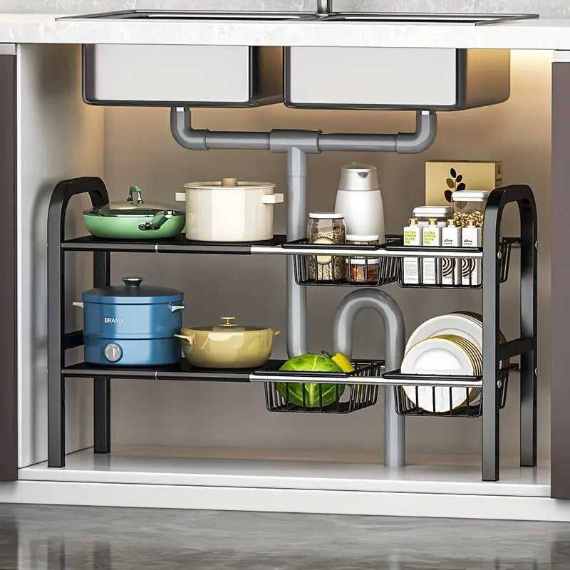 Expandable Under-Sink Organizer Rack with Adjustable Shelves & Baskets