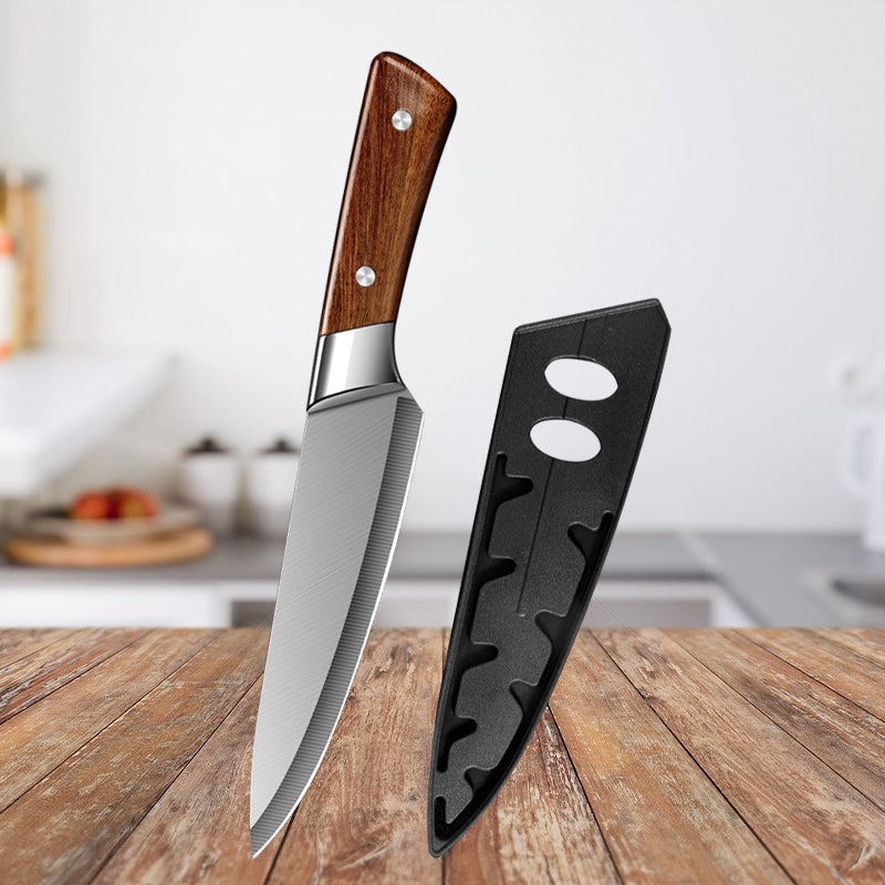 Knife with wooden handle and black sheath on a wooden surface