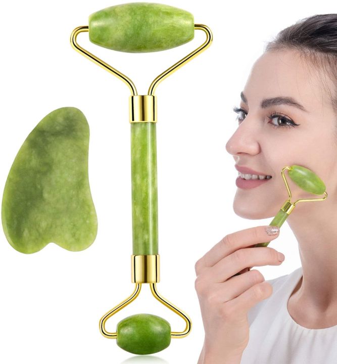 Green facial roller and gua sha tool with a woman using them on her face.