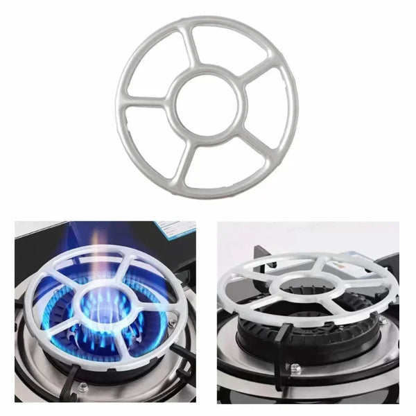 Gas stove burner cover with close-up of gas flame and stove top view on a white background