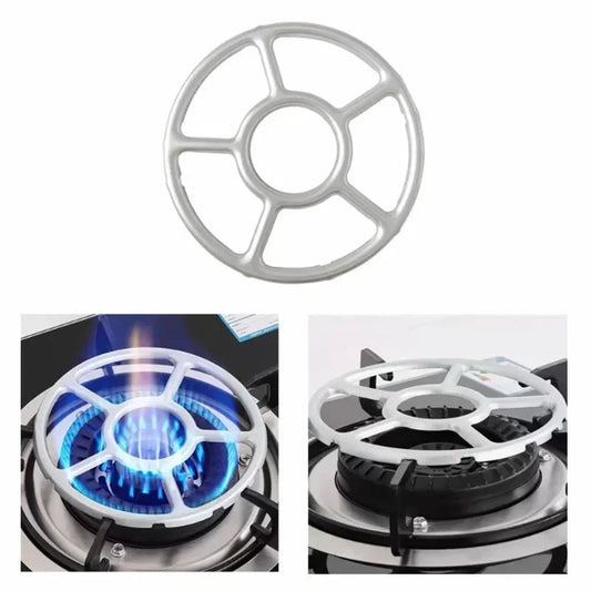 Gas stove burner cover with close-up of gas flame and stove top view on a white background