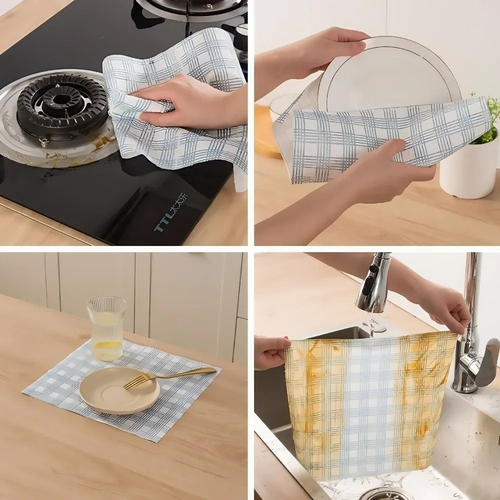 Set of four images showing a checkered cloth being used to clean various kitchen items.