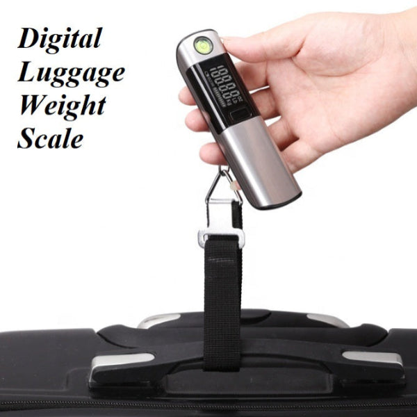 Digital luggage weight scale being used on a suitcase with text 'Digital Luggage Weight Scale'.