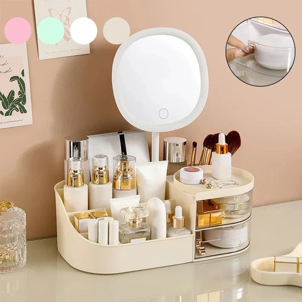 Cosmetic organizer with various products on a desk, featuring a round mirror with lights.