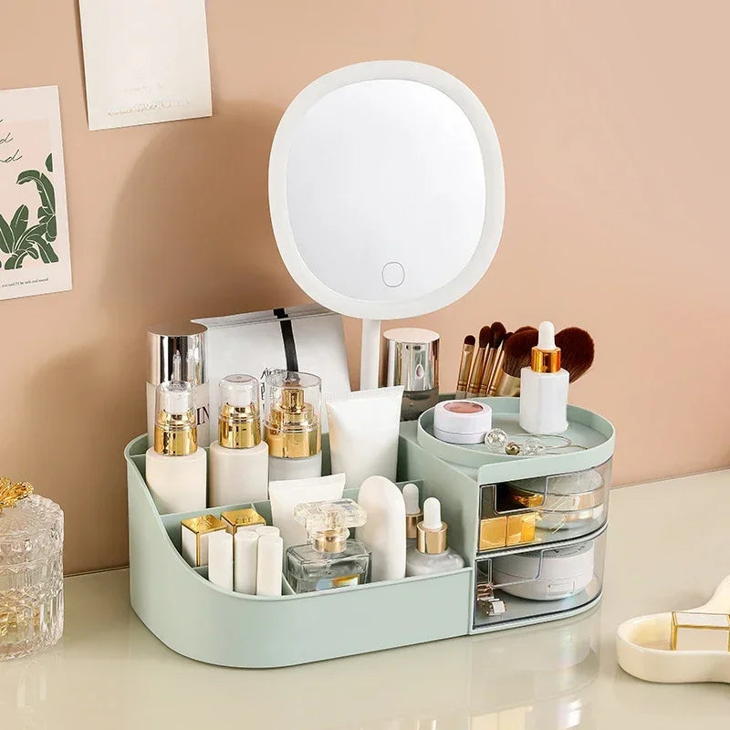 Makeup organizer with a mirror on a desk against a beige wall.