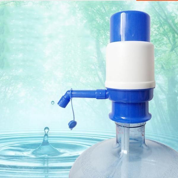 Blue and white manual water pump on a clear container with a water droplet background