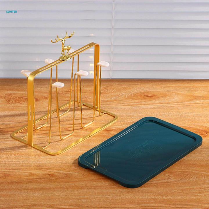 Golden Metal Glass Drying Rack with Drain Tray