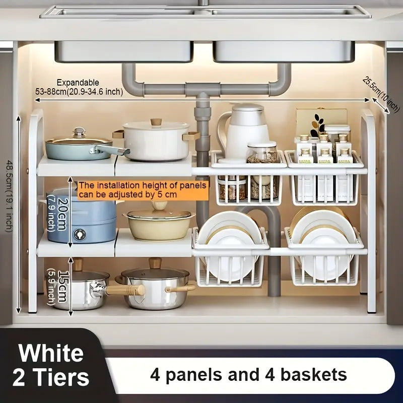 Expandable Under-Sink Organizer Rack with Adjustable Shelves & Baskets