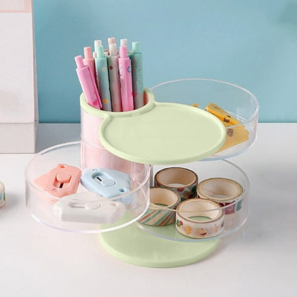 Multifunctional organizer with stationery items on a white surface