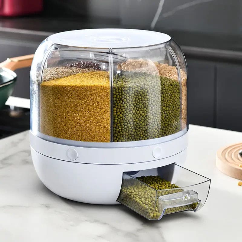 6-Grid Rotating Cereal Dispenser – Round Rice & Grain Organizer