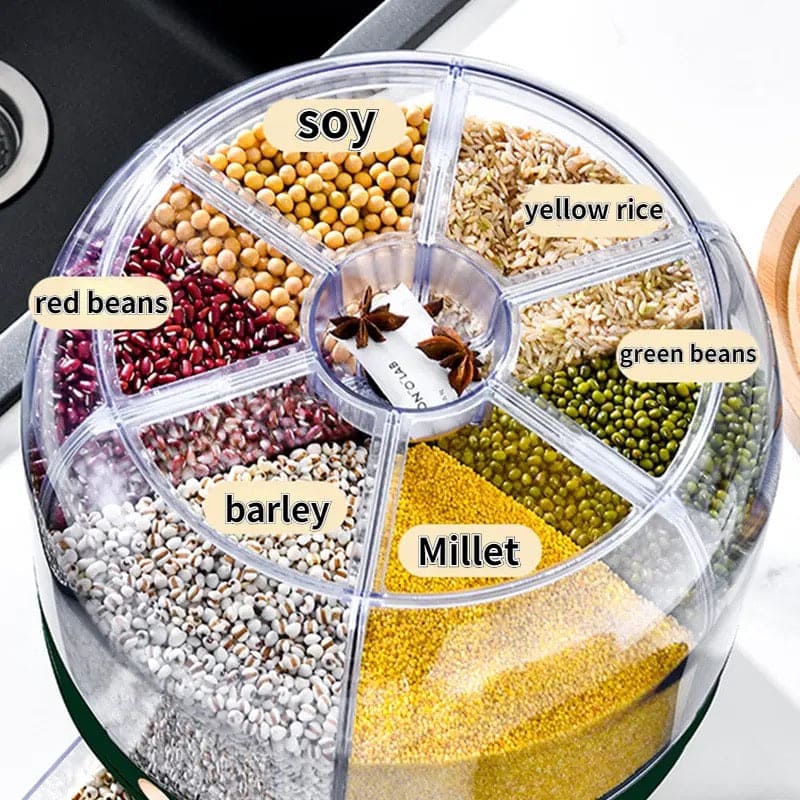 6-Grid Rotating Cereal Dispenser – Round Rice & Grain Organizer