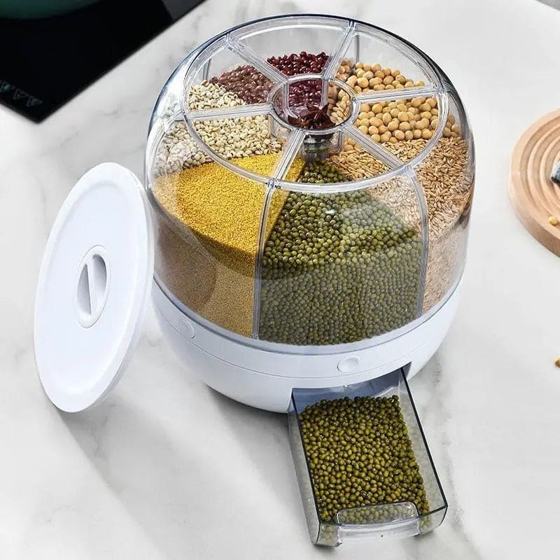 6-Grid Rotating Cereal Dispenser – Round Rice & Grain Organizer