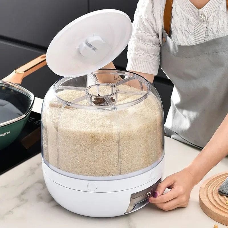 6-Grid Rotating Cereal Dispenser – Round Rice & Grain Organizer
