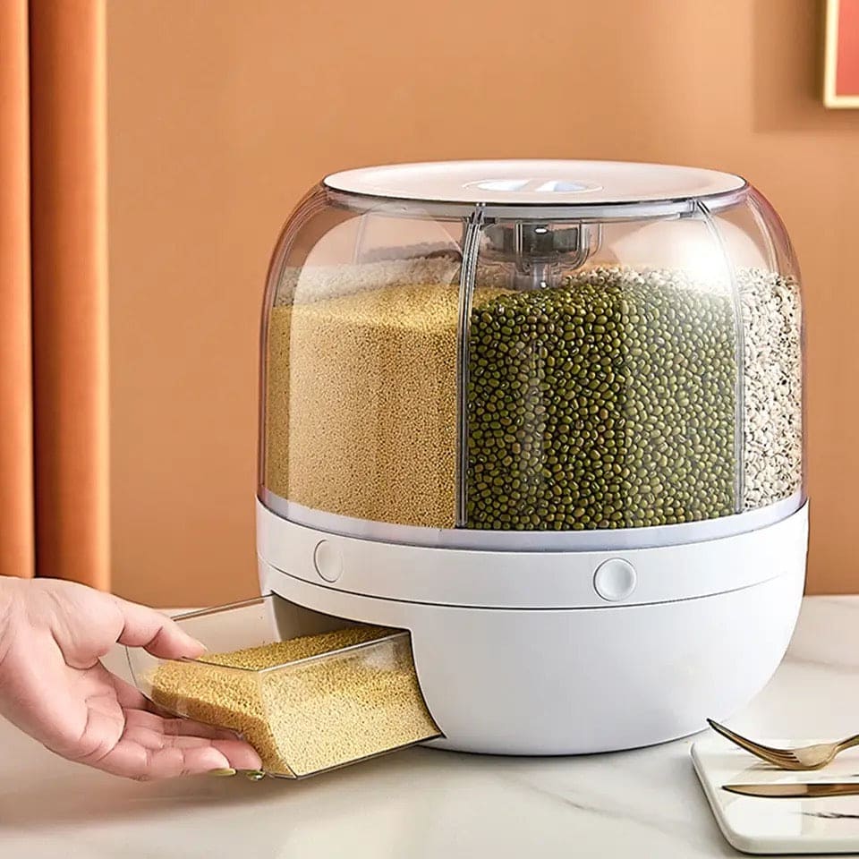 6-Grid Rotating Cereal Dispenser – Round Rice & Grain Organizer