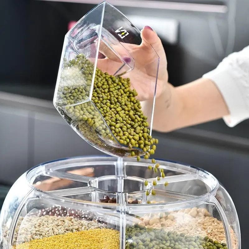 6-Grid Rotating Cereal Dispenser – Round Rice & Grain Organizer