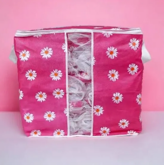 Pink Floral Print Foldable Clothes & Blanket Storage Bag with Lid & Handle - 1pc