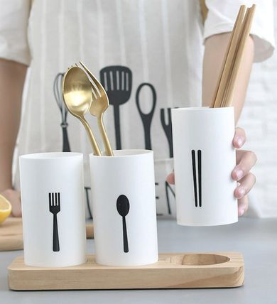 3-Grid Cutlery Holder with Wooden Stand Organizer