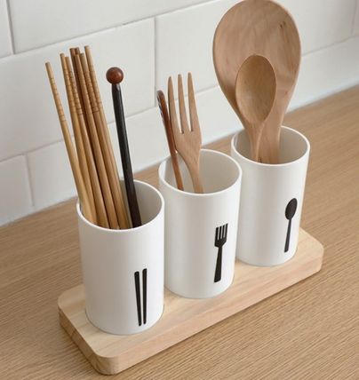 3-Grid Cutlery Holder with Wooden Stand Organizer