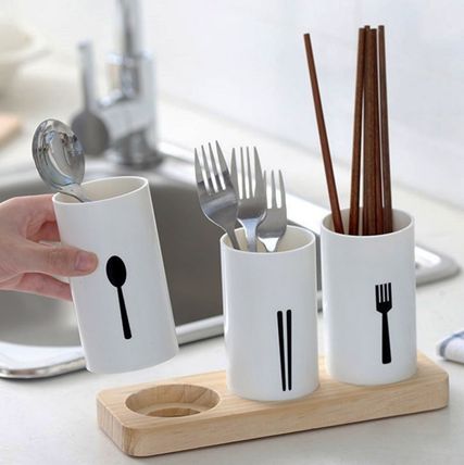 3-Grid Cutlery Holder with Wooden Stand Organizer