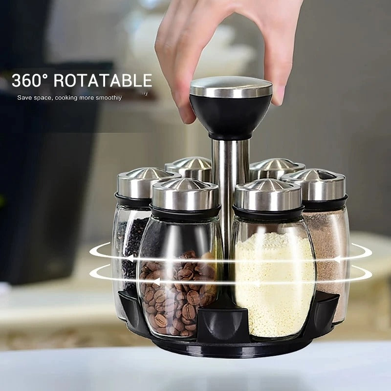 New Rotating Spice Jar Set 6 Rack Glass Organizer Seasoning, Sugar, Pepper Bottles Salt Shakers Holder, Kitchen Storage