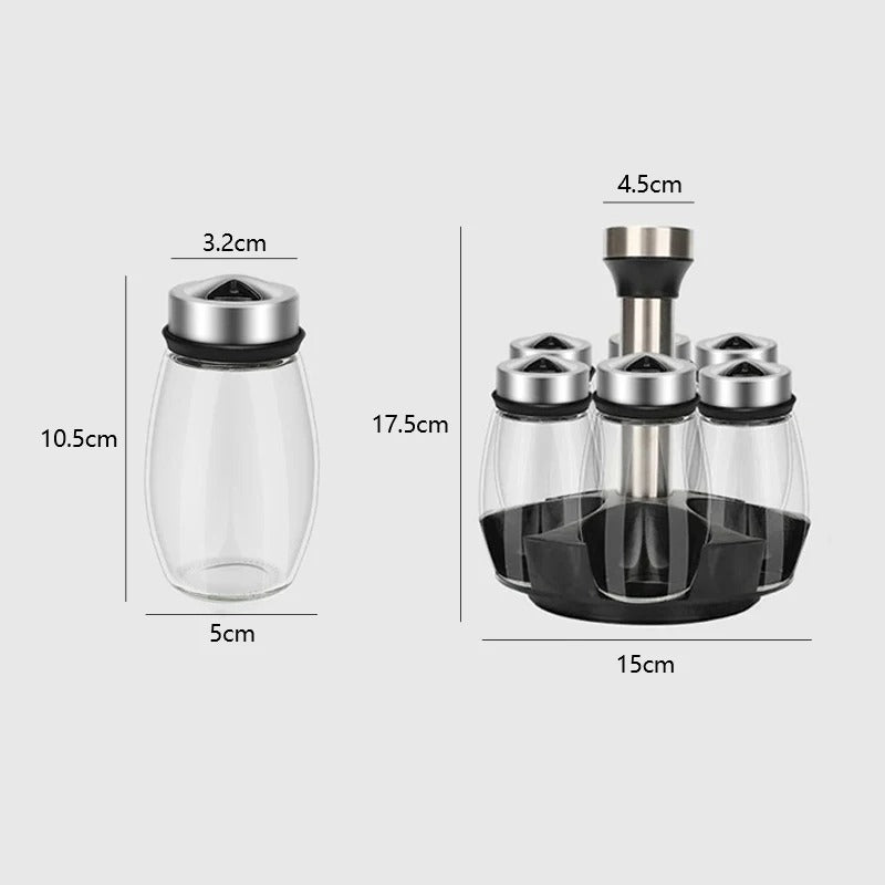 New Rotating Spice Jar Set 6 Rack Glass Organizer Seasoning, Sugar, Pepper Bottles Salt Shakers Holder, Kitchen Storage
