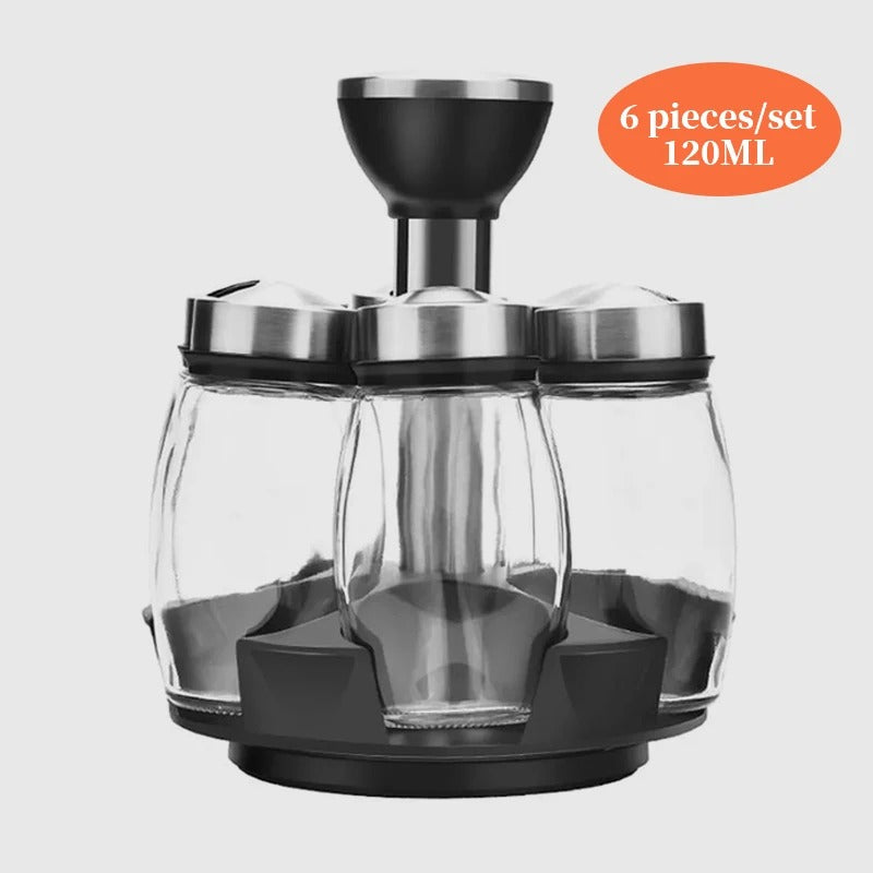 New Rotating Spice Jar Set 6 Rack Glass Organizer Seasoning, Sugar, Pepper Bottles Salt Shakers Holder, Kitchen Storage