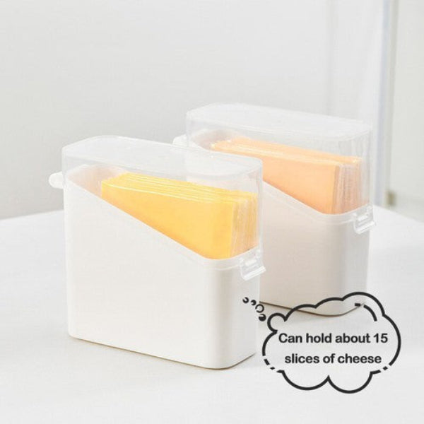 White cheese storage container with sliced cheese on a white background