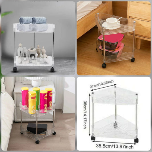 2 Tier Acrylic Triangle Storage Cart | Corner Organizer with 360° Wheels