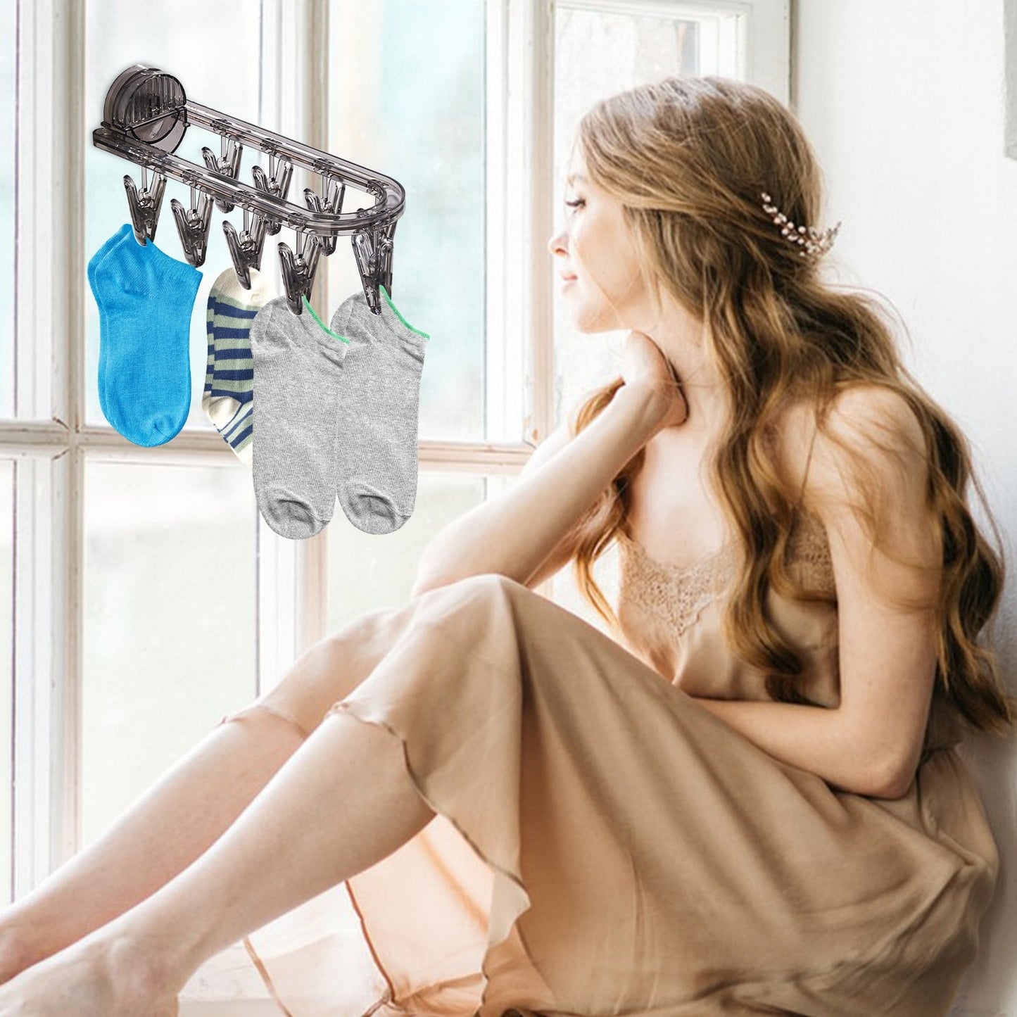 Wall Mounted Acrylic Underwear Drying Rack with Suction Cup | Foldable 9-Clip Laundry Hanger Organizer