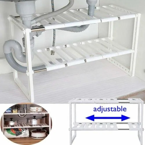 2-Tier Under Sink Adjustable Storage Rack | Stainless Steel & PP Plastic Expandable Kitchen Organizer