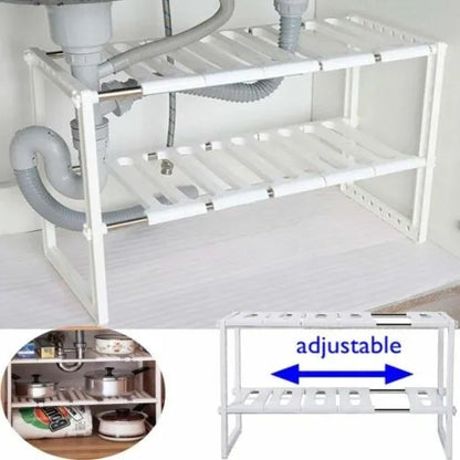2-Tier Under Sink Adjustable Storage Rack | Stainless Steel & PP Plastic Expandable Kitchen Organizer