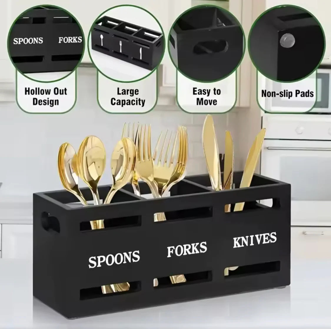 Wooden Cutlery Holder – 3 Compartment Kitchen Utensil Organizer