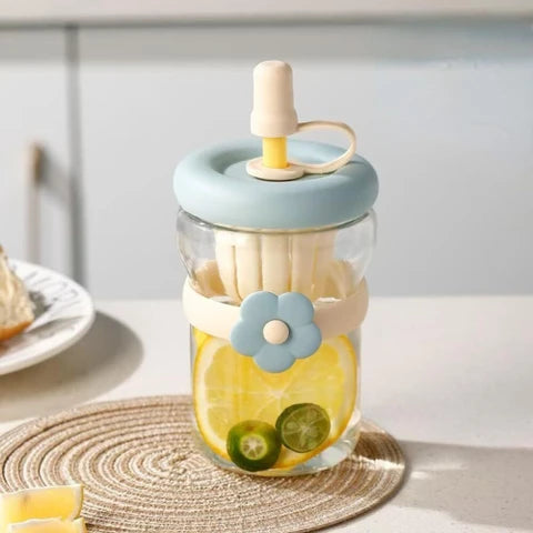Lovely Cartoon Flower Glass Cup – Cute Drinking Mug with Lid
